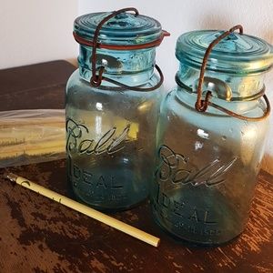 vintage sure seal BLUE glass Ball jars + pencils